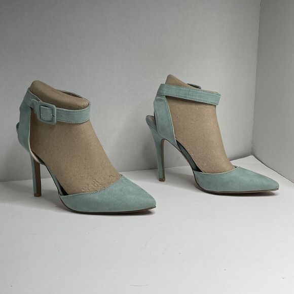 Qupid Light Green Wrap Ankle Strap Faux Suede Pointed Toe Stiletto Heels Size 10 - Picture 2 of 12